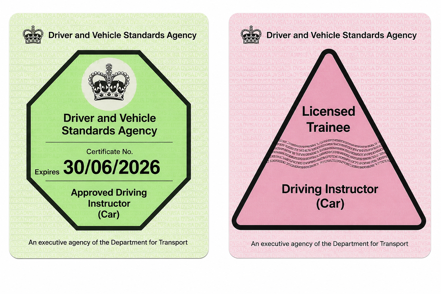 Green approved driving instructor badge and pink trainee driving instructor badge
